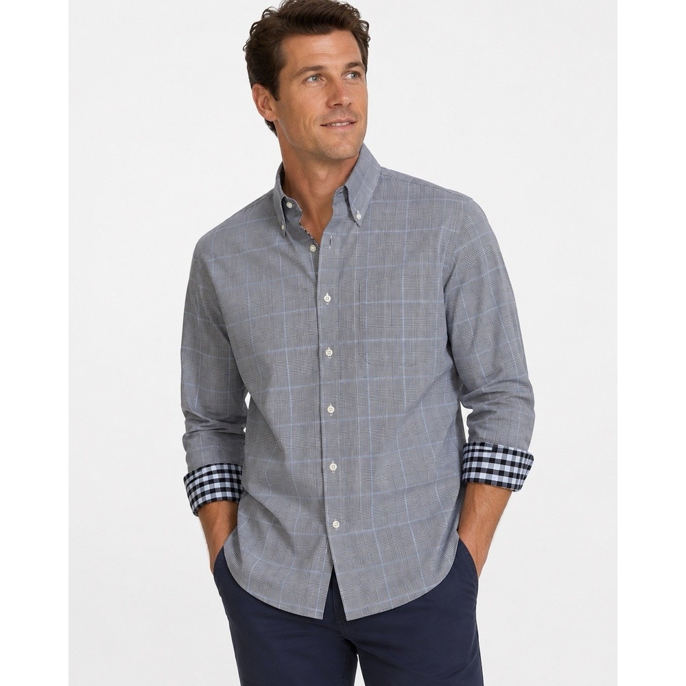 J.McLaughlin Mens Medium Gray Glen Plaid Button Down Shirt Blue Windowpane